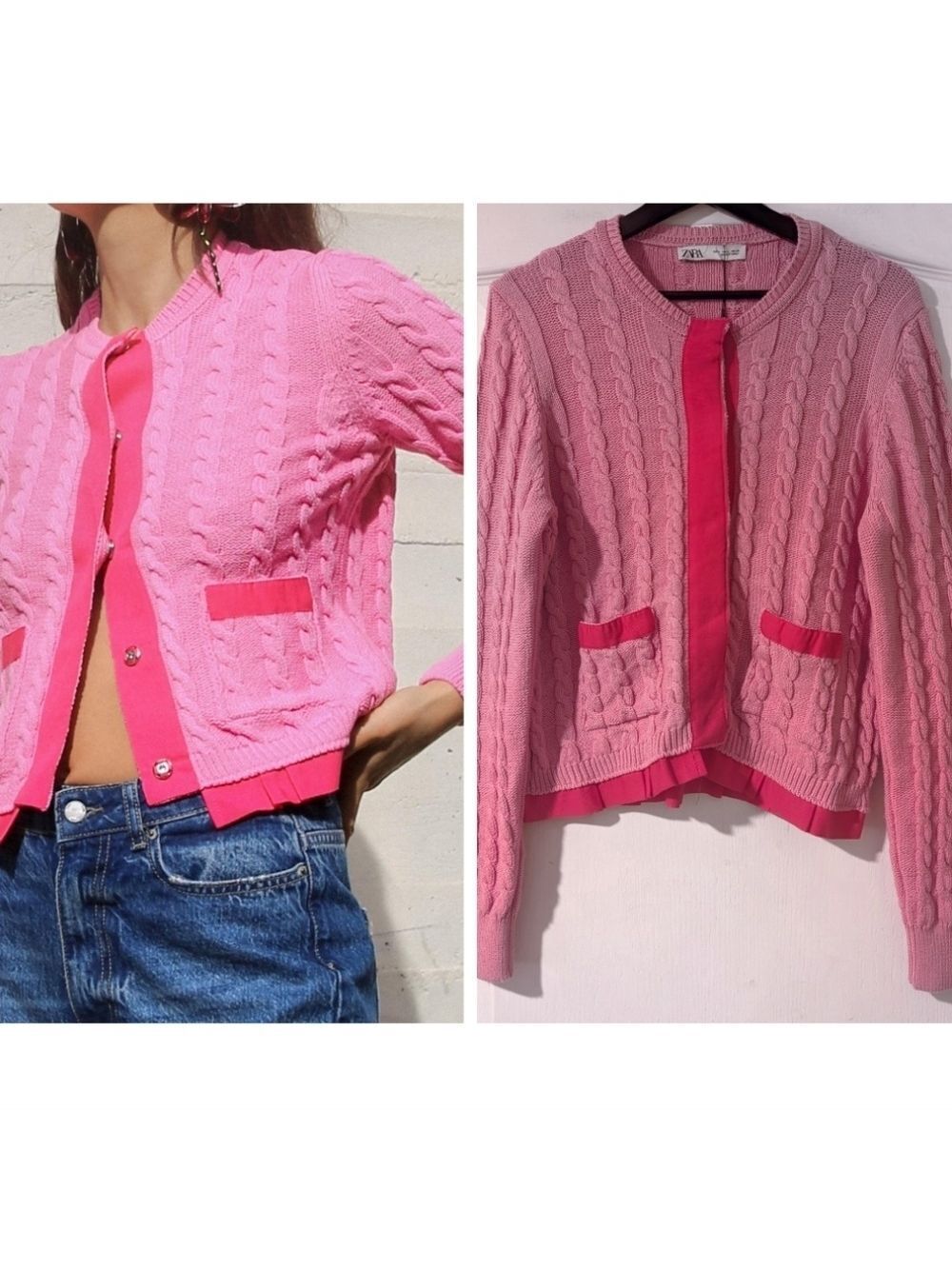 Zara | Contrast Cable Knit Cardigan In Pink